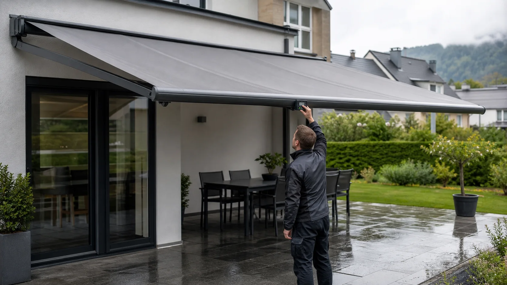 Servicetechniker misst nach Regen die Neigung einer ausgefahrenen Gelenkarmmarkise und prüft die Tuchspannung